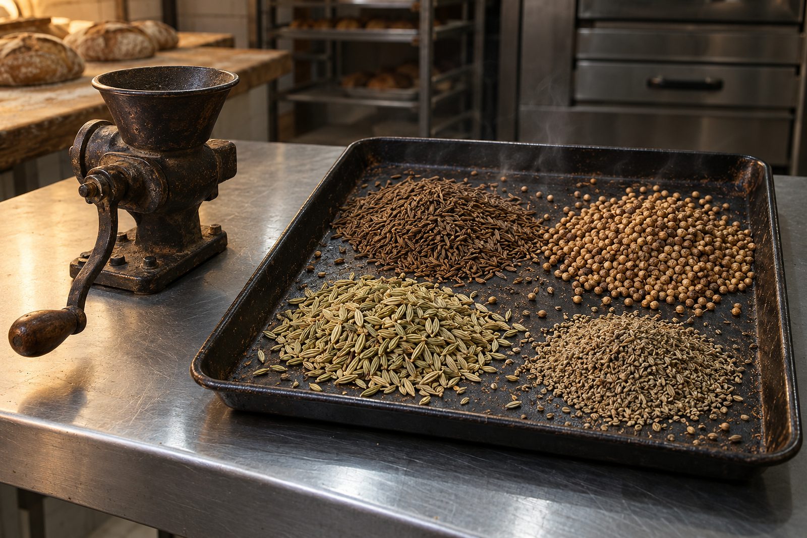 Geröstete Saaten auf einem Blech: Kümmel, Koriander, Fenchel und Anis, daneben eine alte Gewürzmühle