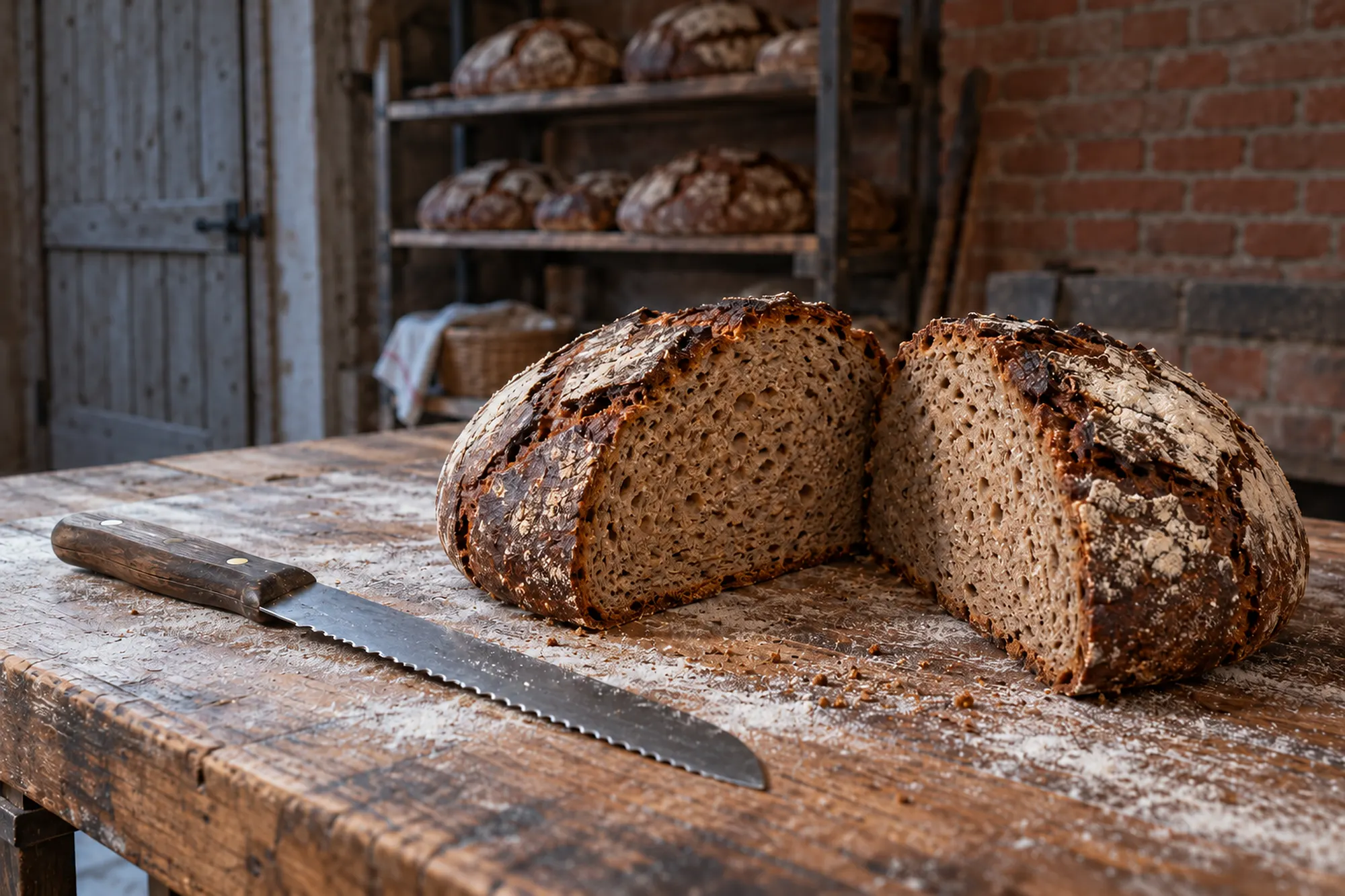Angeschnittenes großes Holzofenbrot mit dunkler Kruste und saftiger Krume auf einem bemehlten Brett