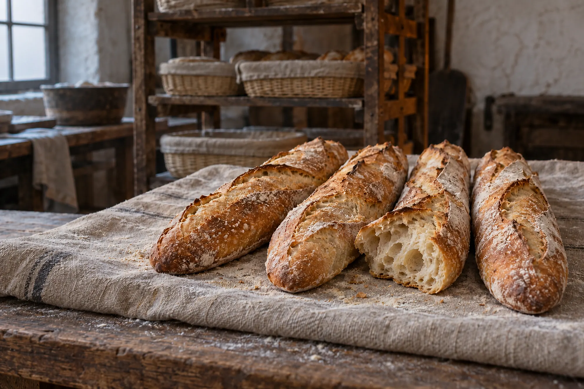 Vier lange, rustikale Weißbrotstangen mit Süßblasen in der Kruste auf einem Leinentuch, eine aufgebrochen